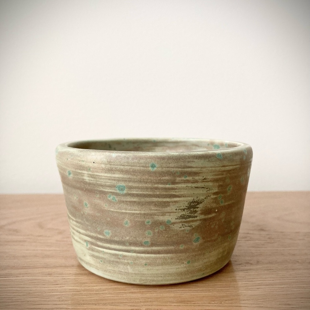 studio pottery artist signed rustic bowl mug cup planter candy dish tan green
